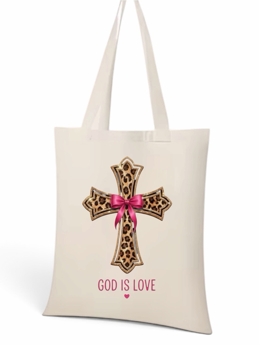 Cream Tote Bag with Leopard Cross and Pink Bow - Faith Message